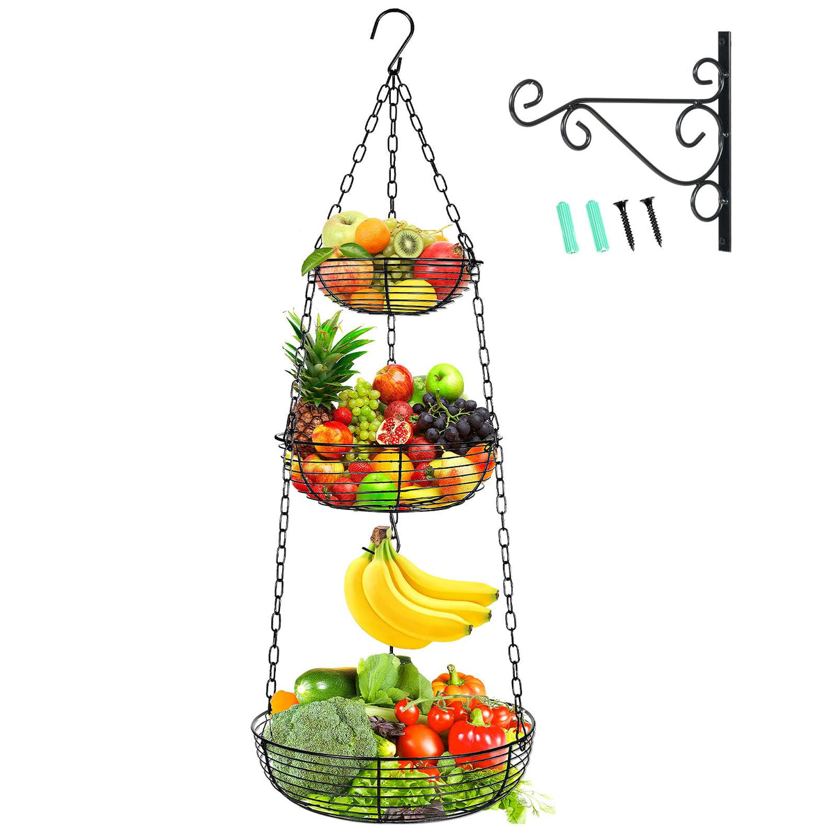 HULISEN 3-tier hanging fruit basket shows space-saving design for organized fruit storage.