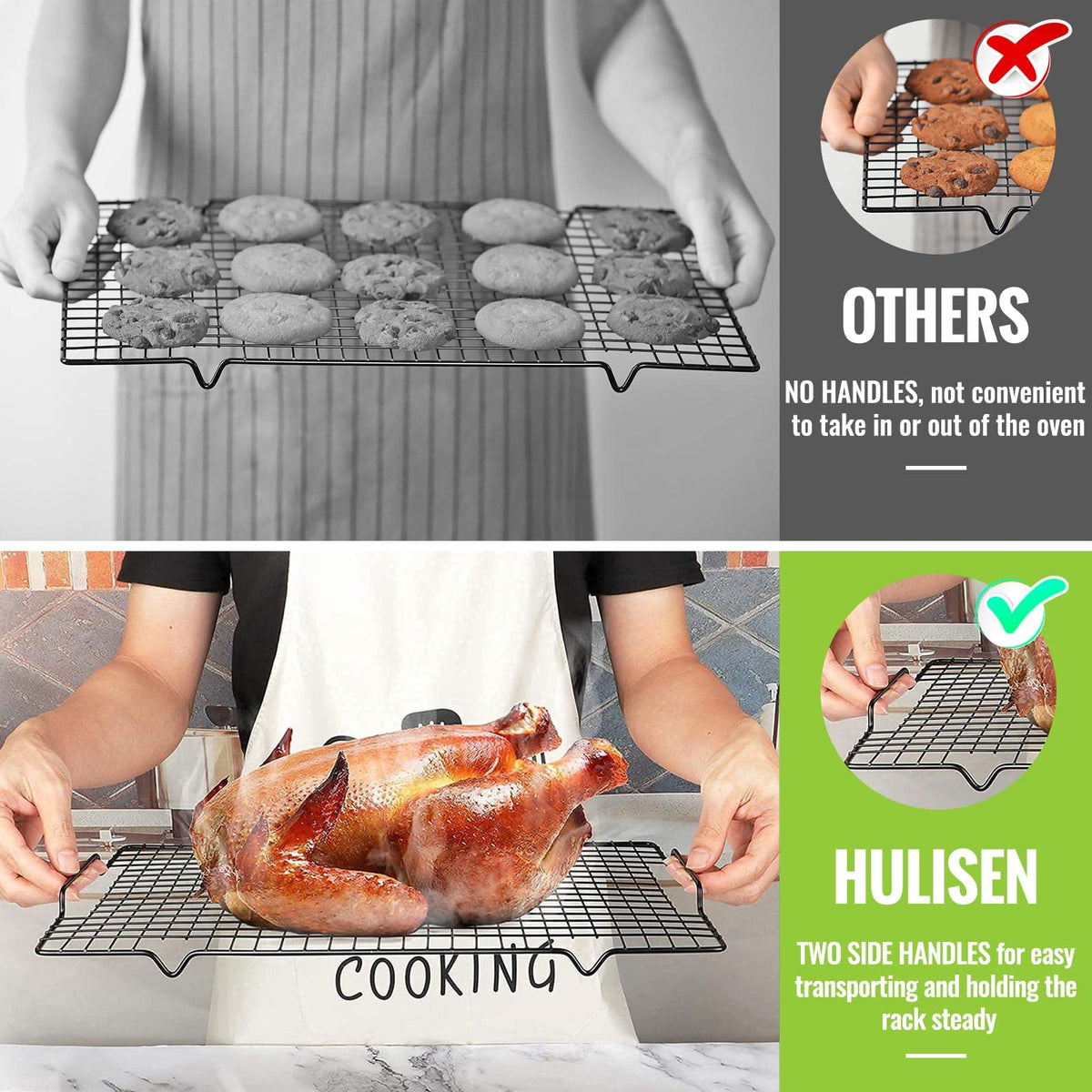 HULISEN baking rack with handles on both sides for safe transfer.