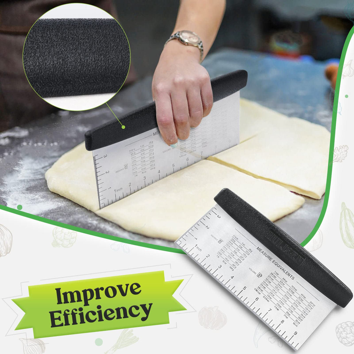 HULISEN bench scraper with round ergonomic handle for comfortable use.