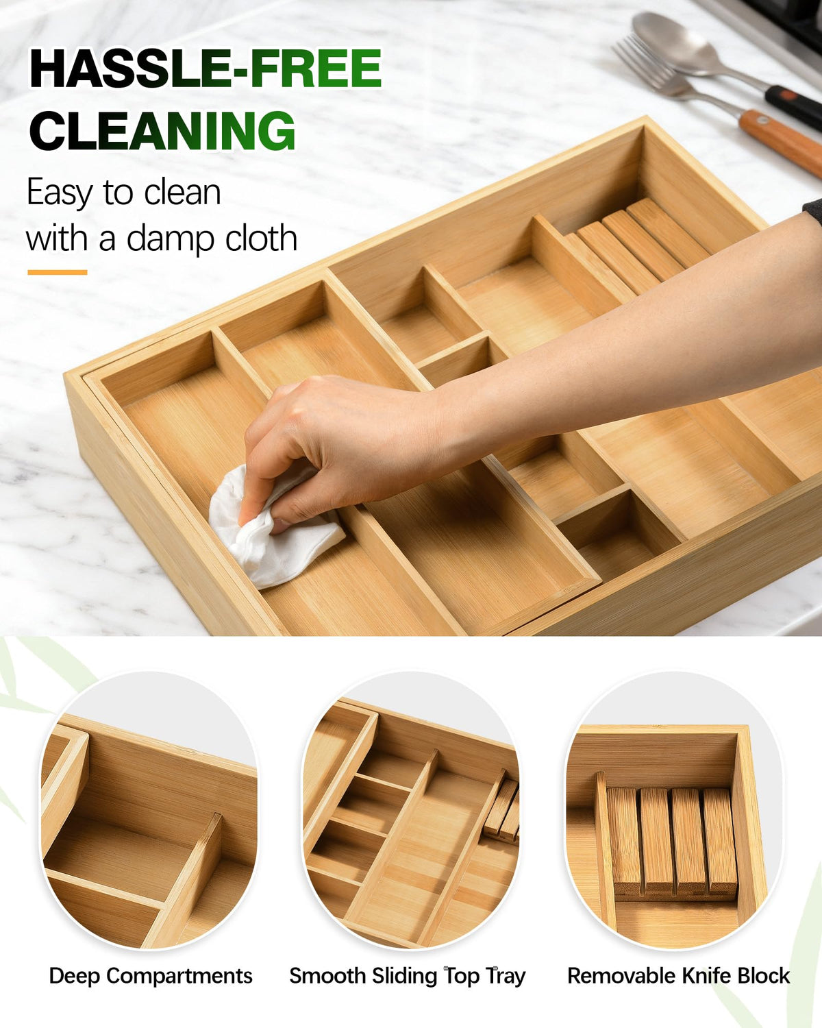 HULISEN bamboo organizer designed for deep drawers and easy setup
