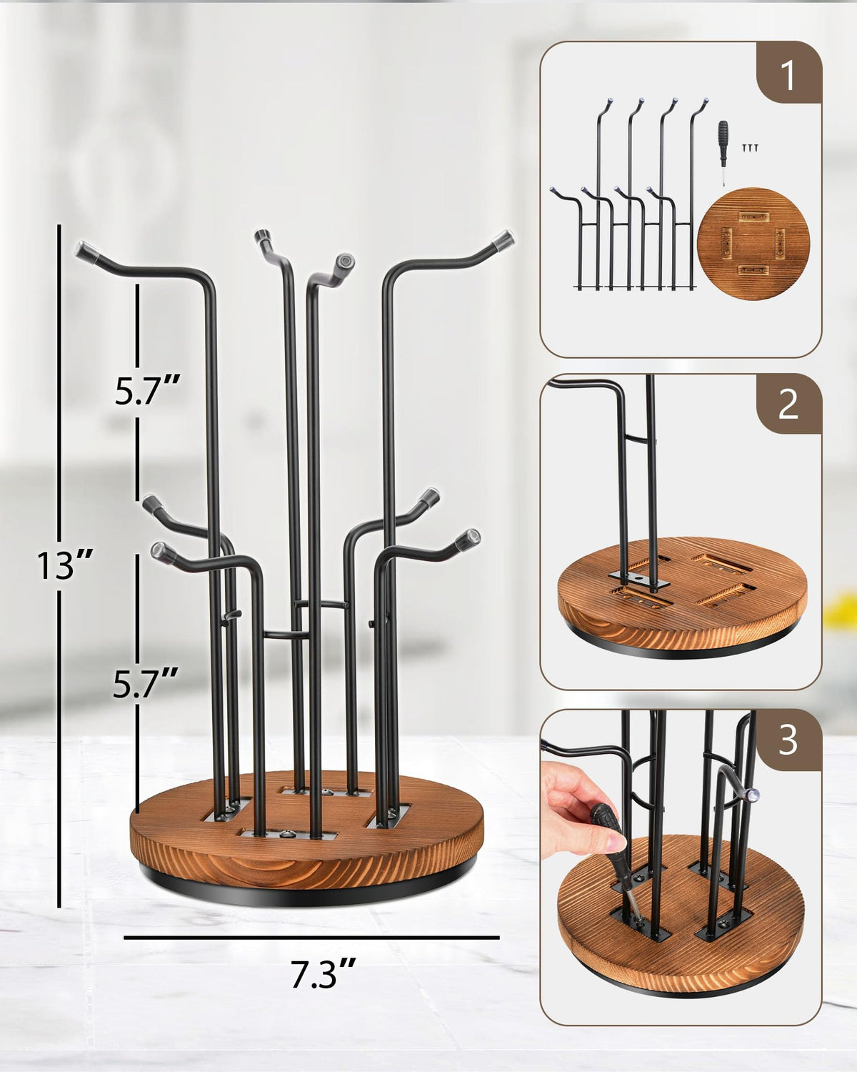 HULISEN mug tree eight-mug capacity demonstrates room for large cups.