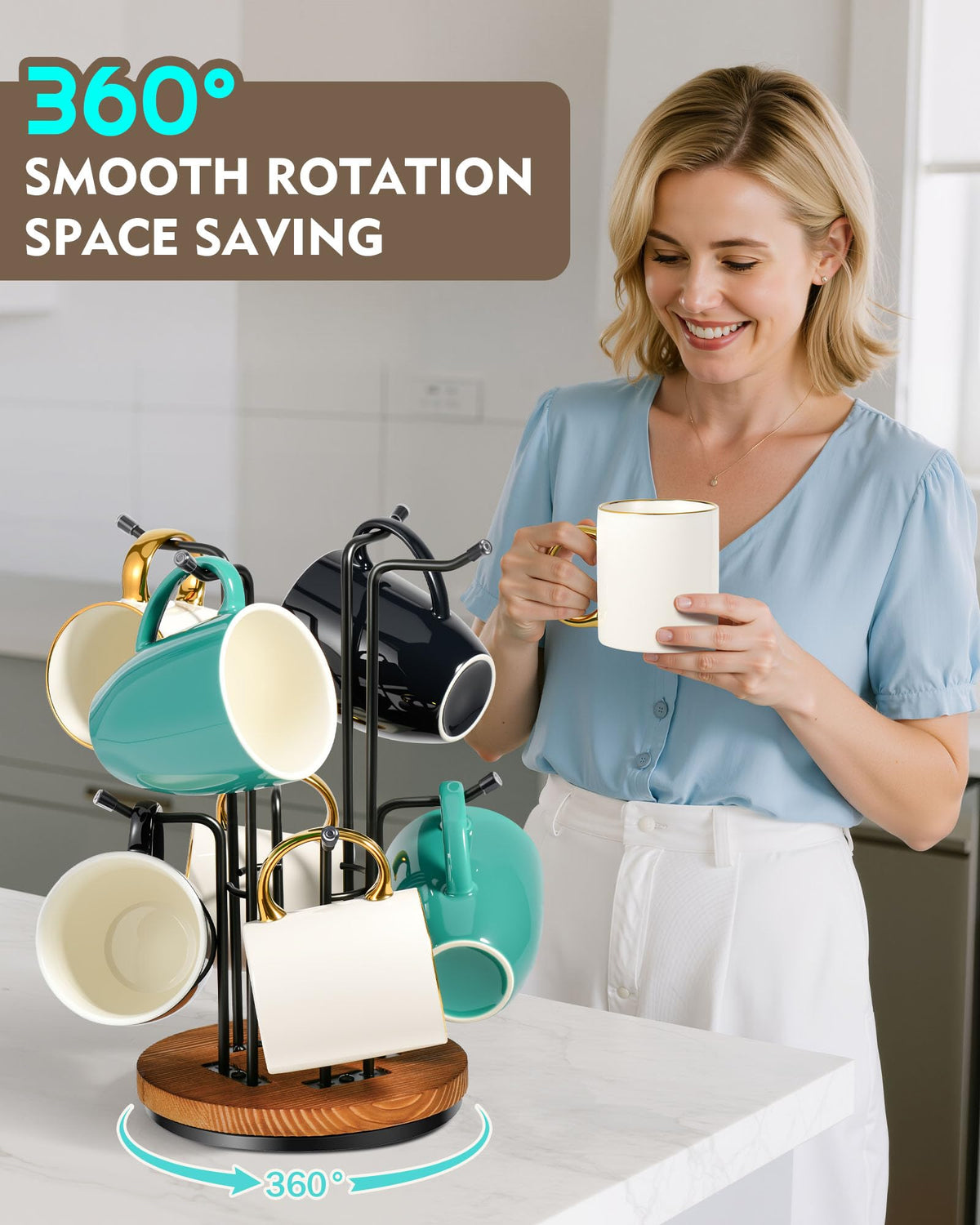 HULISEN mug tree hooks closeup highlighting sturdy metal hooks for easy access.