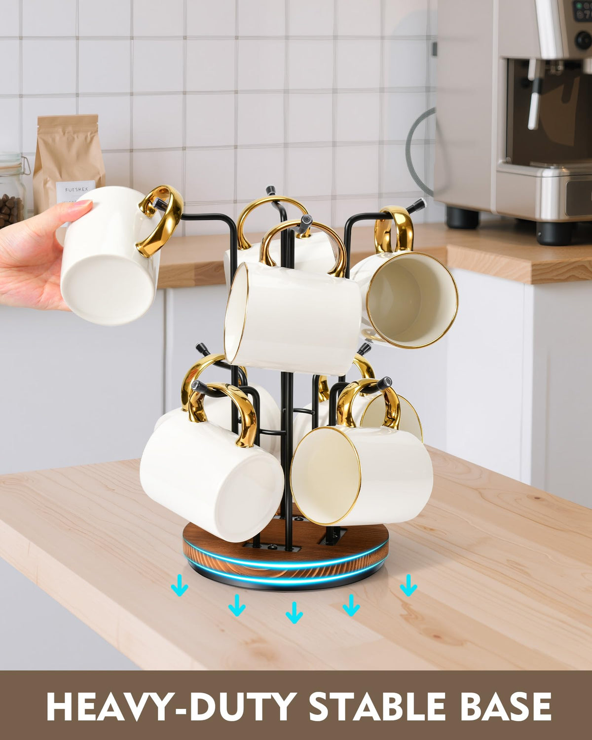 HULISEN mug tree wood base detail emphasizing natural finish and stability.