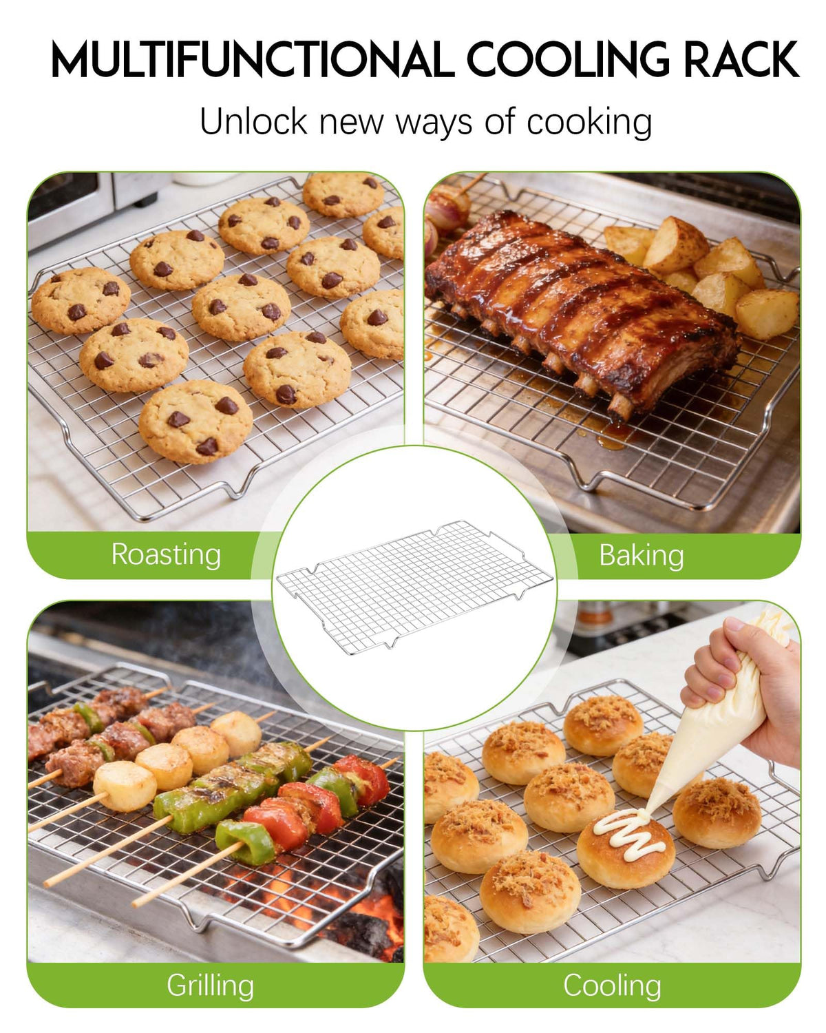 HULISEN oven-safe rack withstands up to 500°F for high-heat tasks