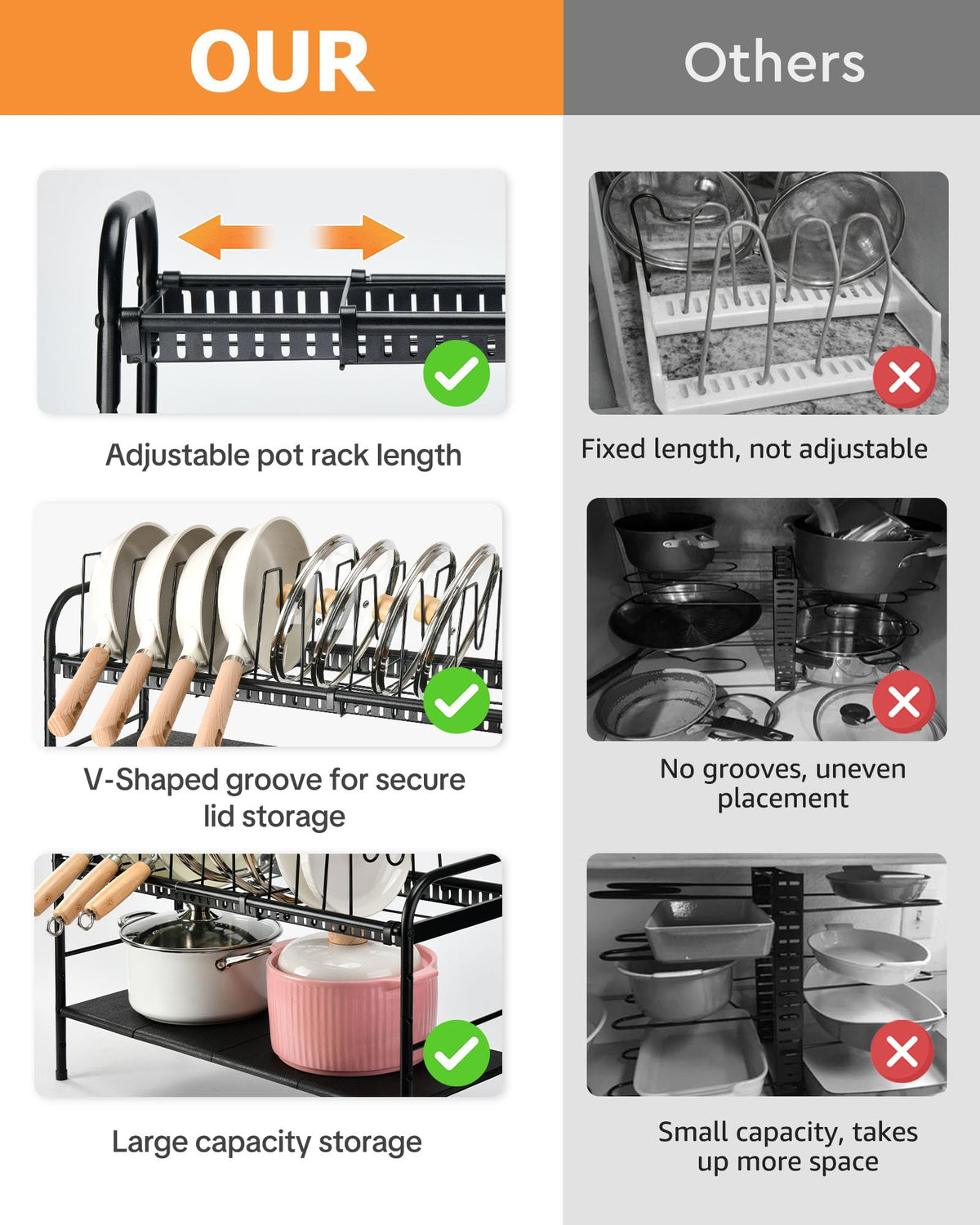 HULISEN sturdy cabinet-frame supports multiple pots and lids for daily use.