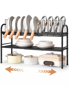 HULISEN expandable under-cabinet rack keeps pots neatly stored and accessible.