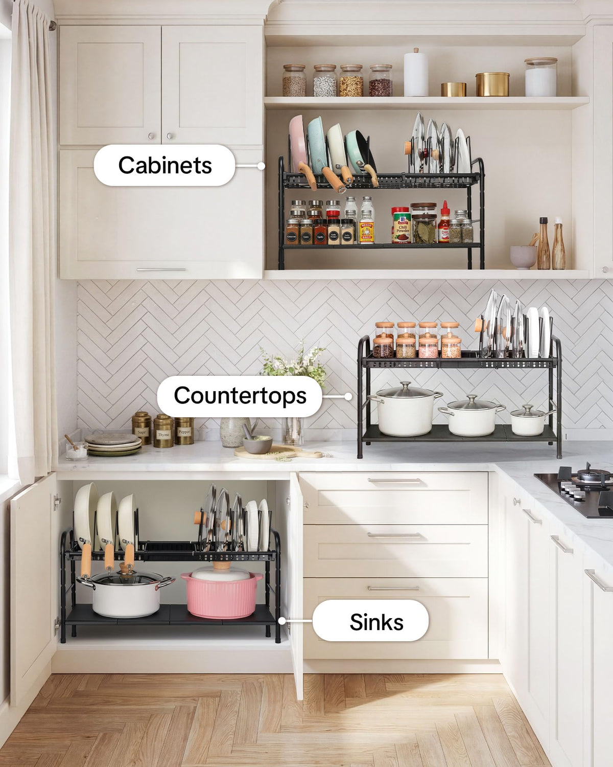 HULISEN space-saving rack fits in cabinets, countertops, or pantry shelves.