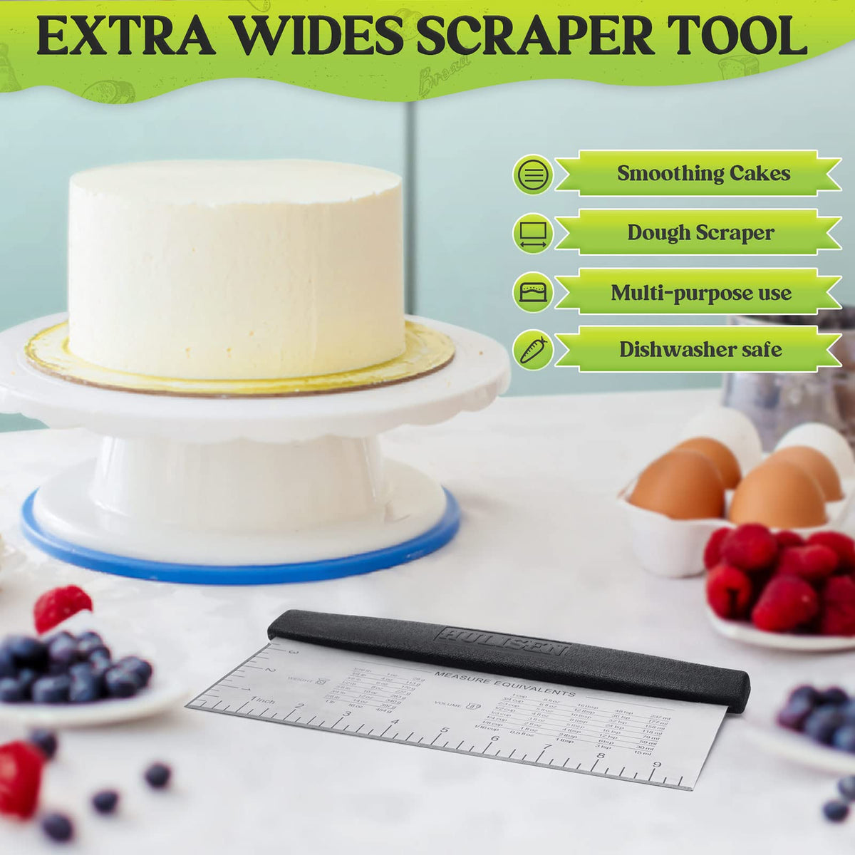 HULISEN stainless steel pastry scraper with measuring scale for quick conversions.