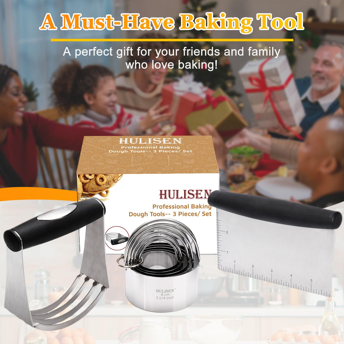 HULISEN stainless steel pastry scraper with non-slip rubber handle for comfort