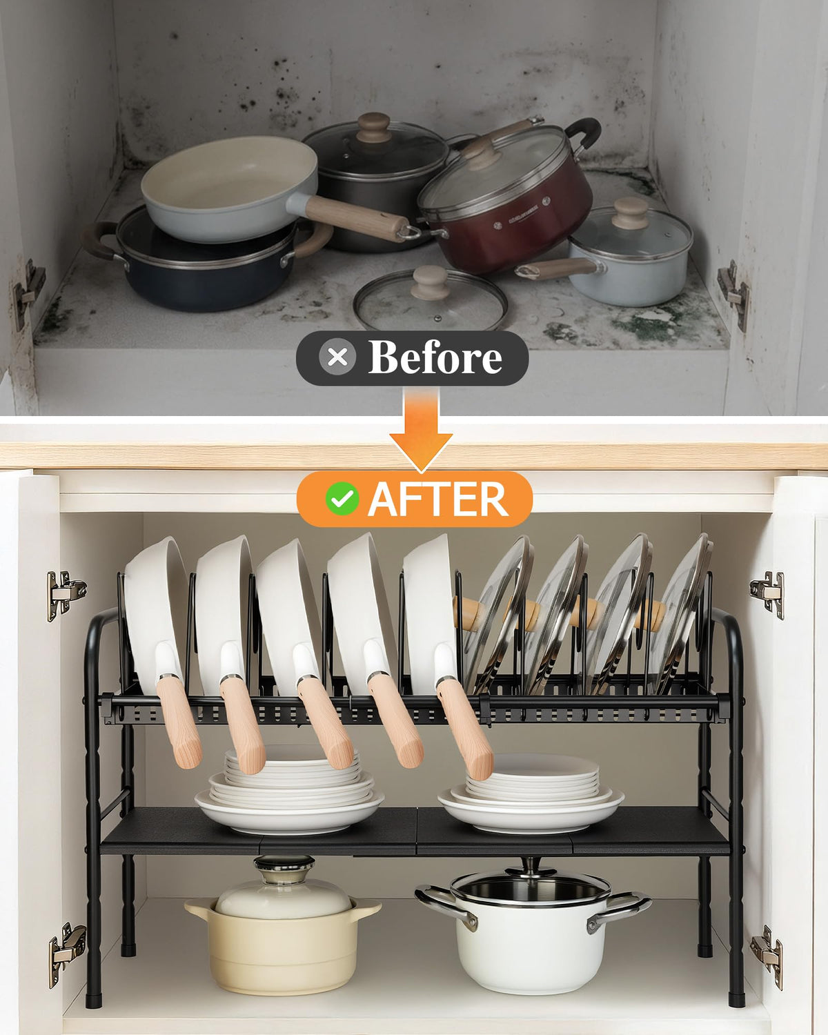 HULISEN two-tier storage keeps lids and pans organized on two levels.