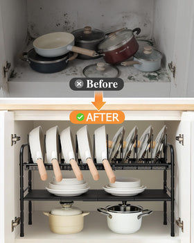 HULISEN two-tier storage keeps lids and pans organized on two levels.