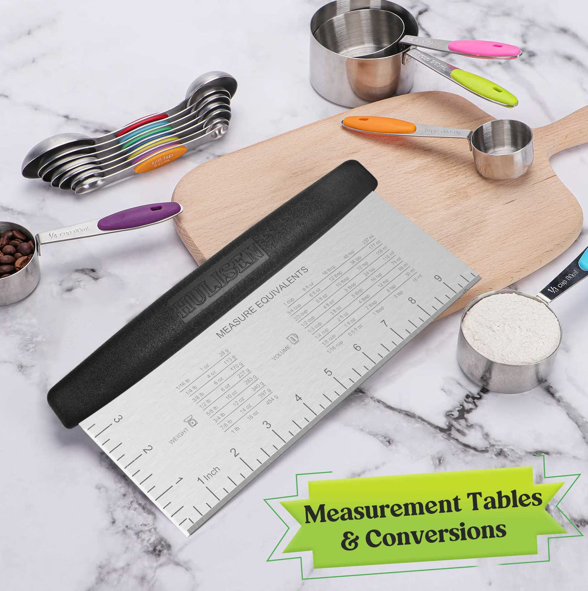 HULISEN bench scraper aiding vegetable transfer from board to pan.