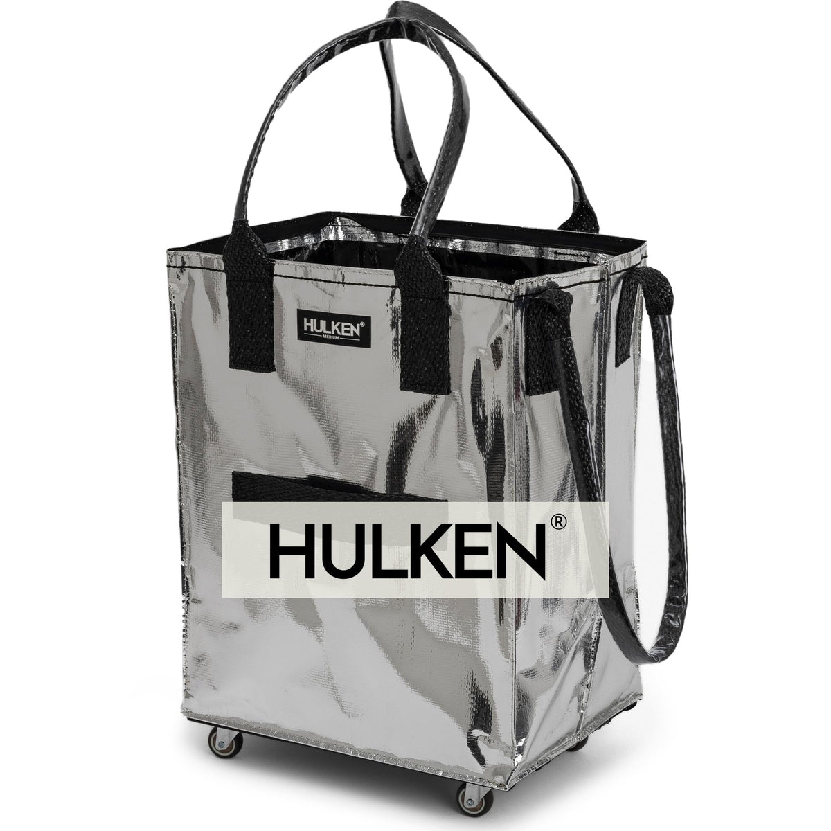 HULKEN medium silver bag on wheels front view, sturdy carrier for groceries.