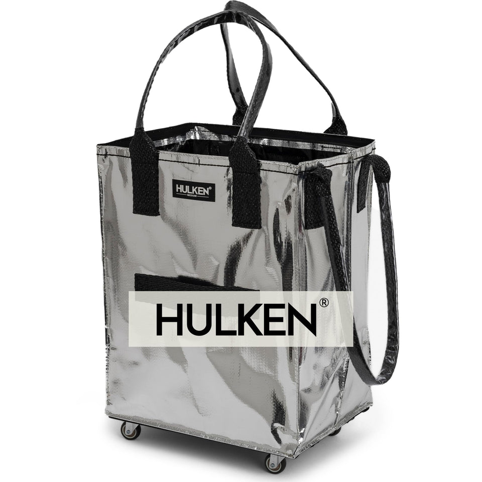 HULKEN medium silver bag on wheels front view, sturdy carrier for groceries.