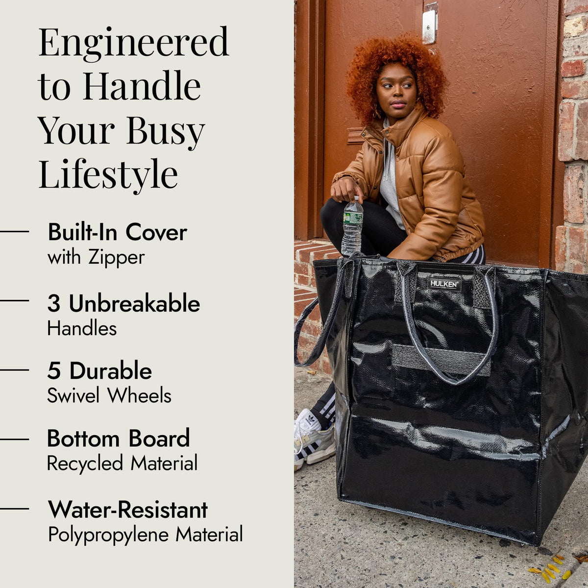 HULKEN bag in water-resistant fabric protects contents during travel.