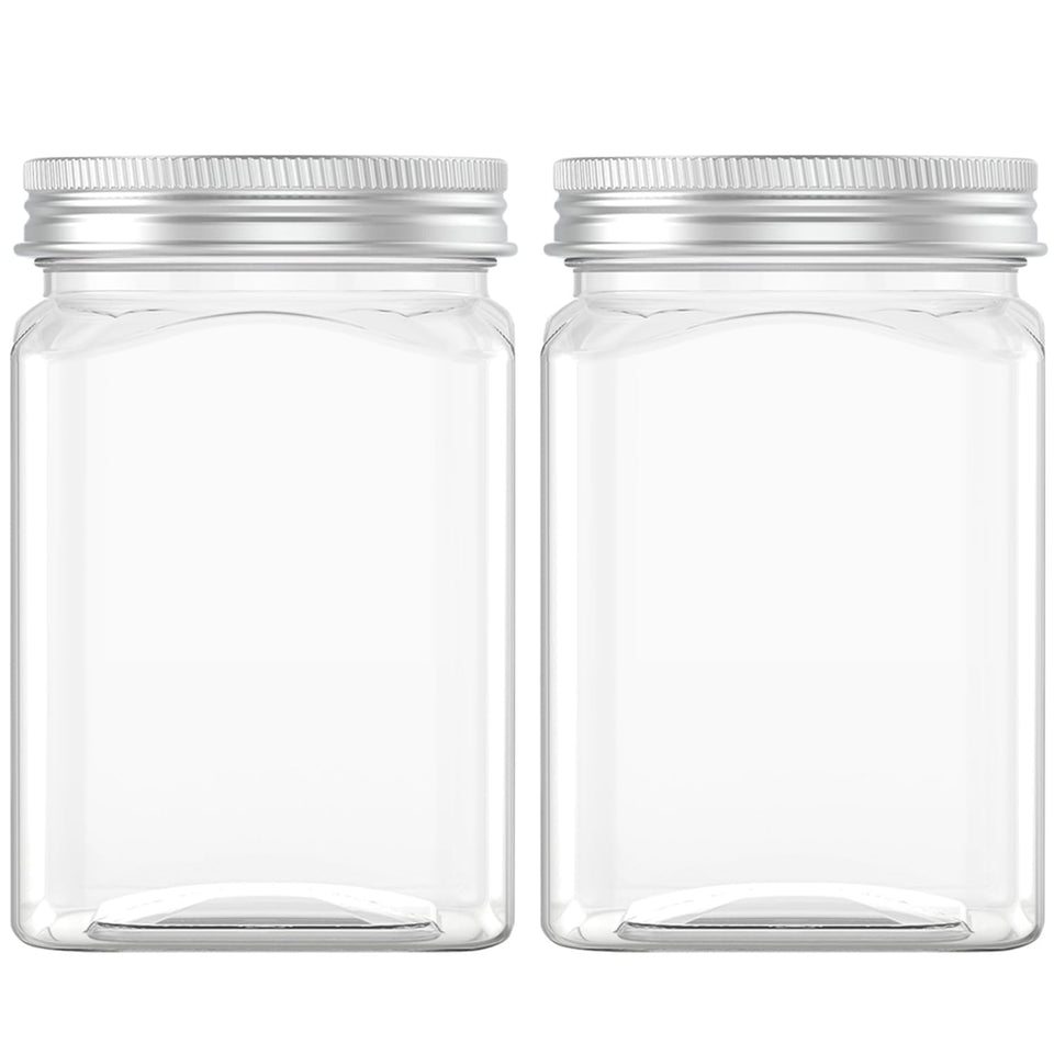 Hulless 24 Oz clear jar with lid for pantry organization and dry goods storage.