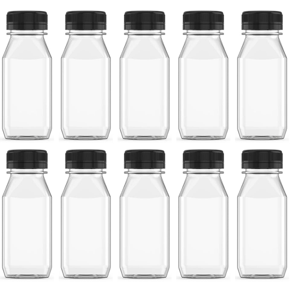 Hulless 4 oz bottle with black lid, crystal-clear and leak-proof for on-the-go drinks.