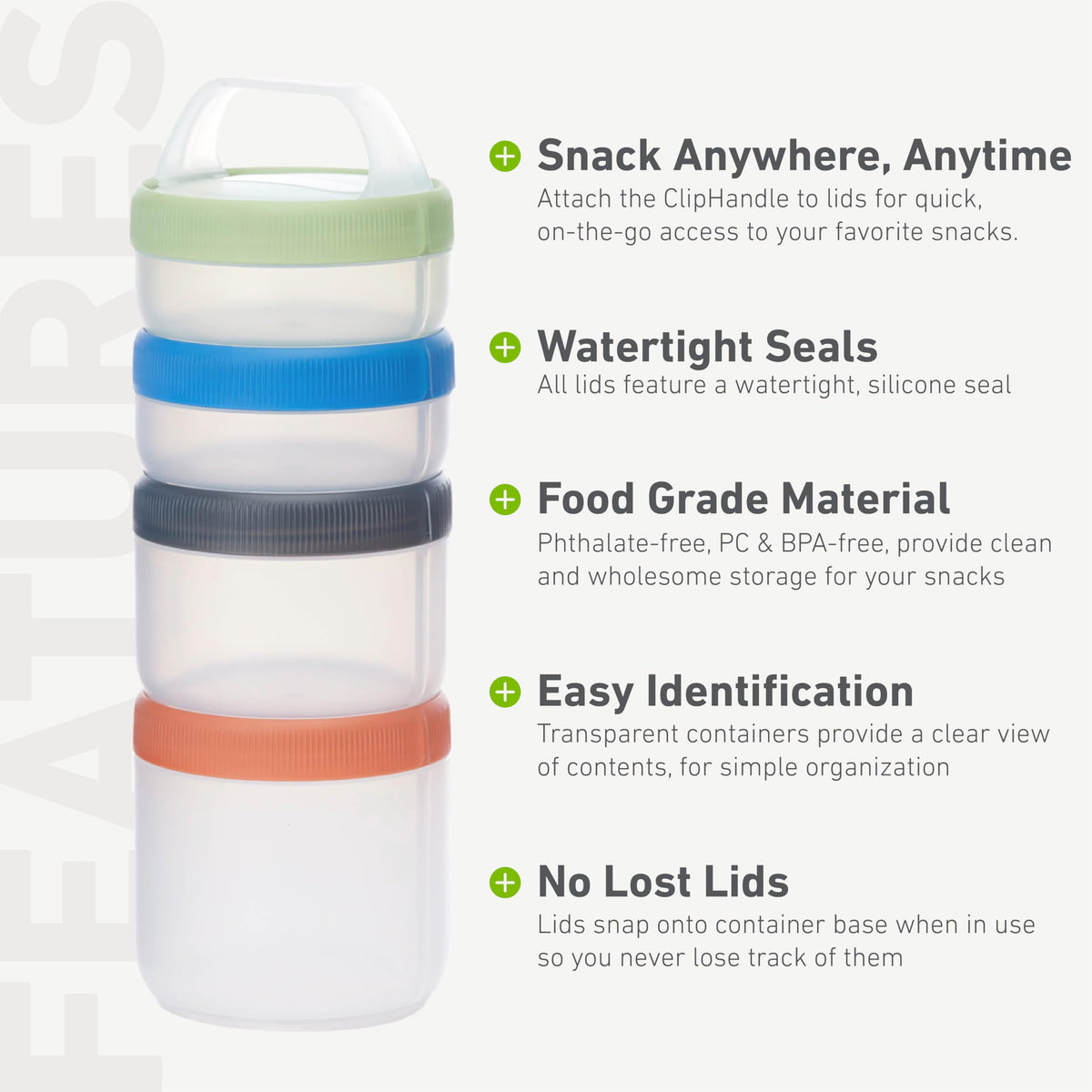 Humangear Stax lids snap onto bases to prevent loss during use.
