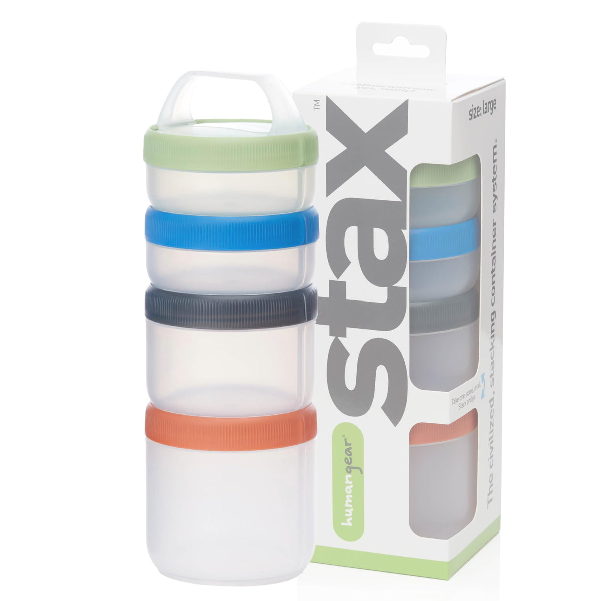 Humangear Stax modular containers stack securely for organized snacks on the go.