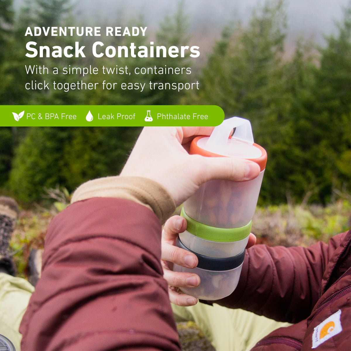 Humangear Stax silicone gasket provides leak-tight seals for liquids and snacks.