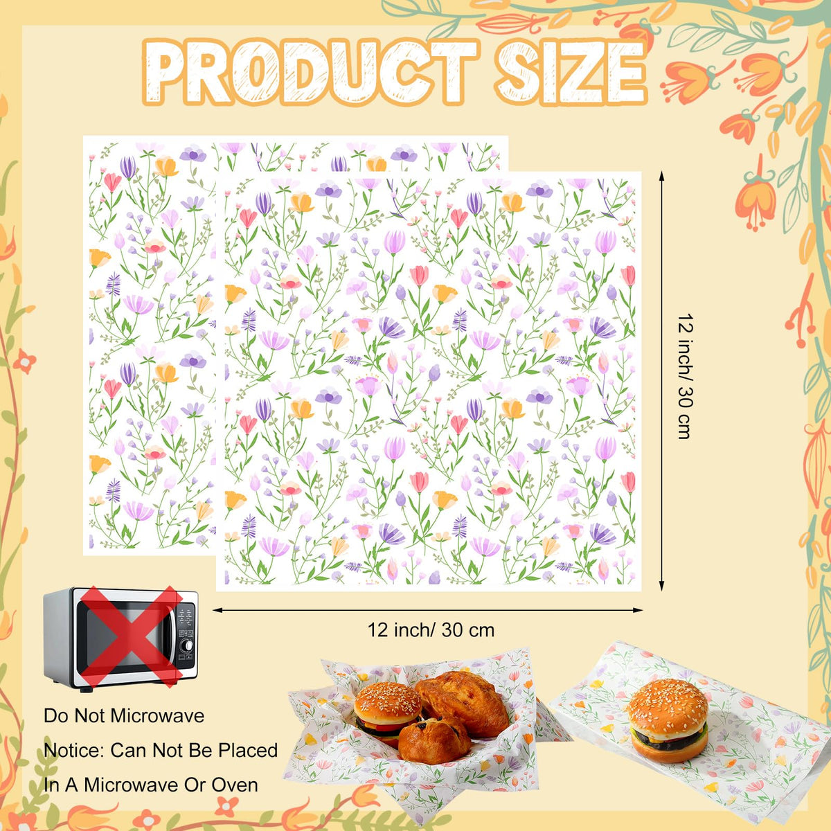 Humyoun Wildflower wax paper for burgers-fries keeps grease manageable.