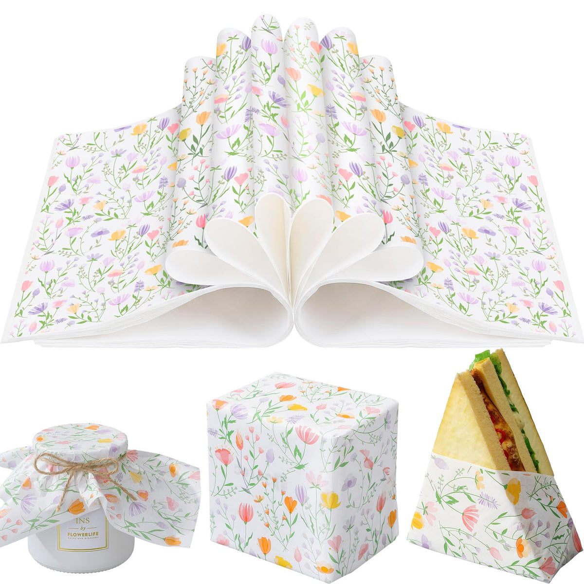 Humyoun Wildflower wax paper packaging sheets for elegant food presentation.