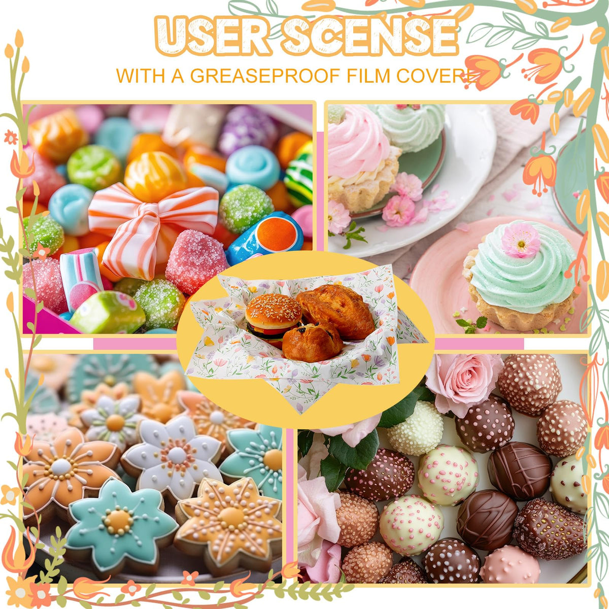 Humyoun Wildflower wax paper party-tray sheets enhance food displays.