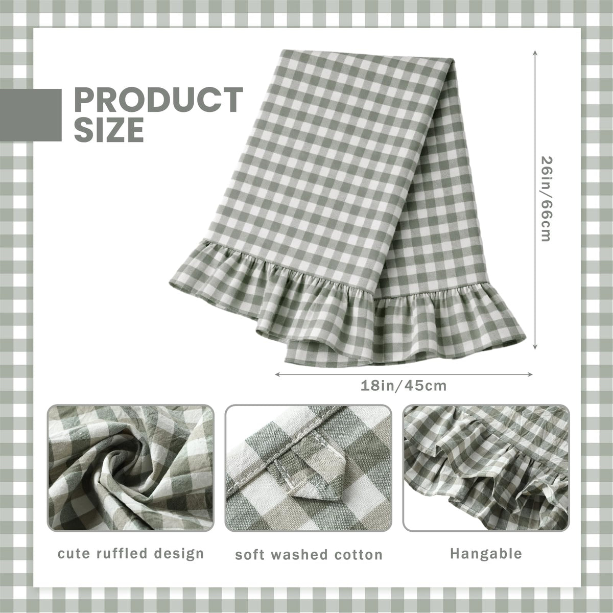 HunnmingRe sage-green ruffled gingham towels add farmhouse charm and practical absorbency.