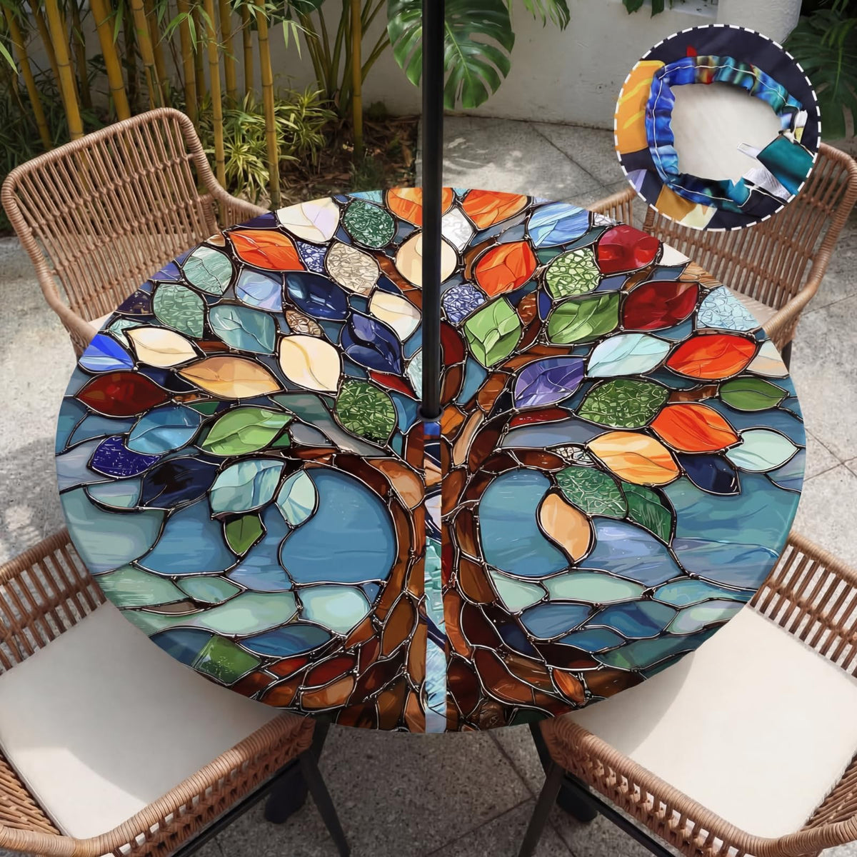 HunnmingRe Tree of Life round tablecloth with umbrella hole for quick outdoor setup.