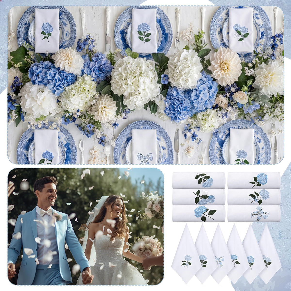 HunnmingRe white cotton napkins with blue embroidery, durable and easy to wash
