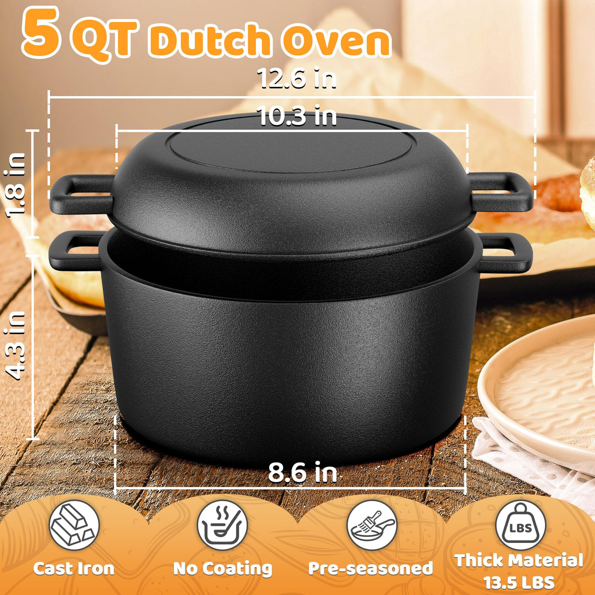 Huolewa Dutch oven lid converts to a 10.3-inch skillet for versatile cooking.