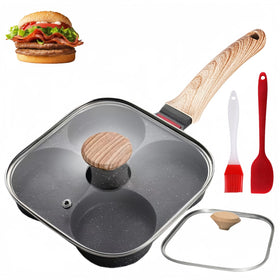 HUPECHAM egg pan with lid showing four-cup design for quick breakfasts.