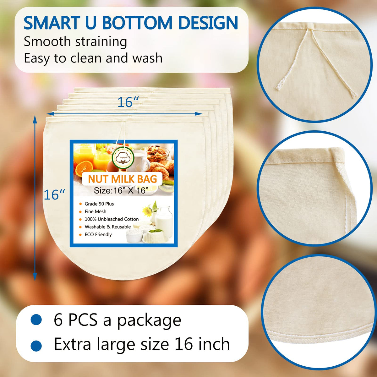 Huppar unbleached cotton bag close-up showing durable triple stitching