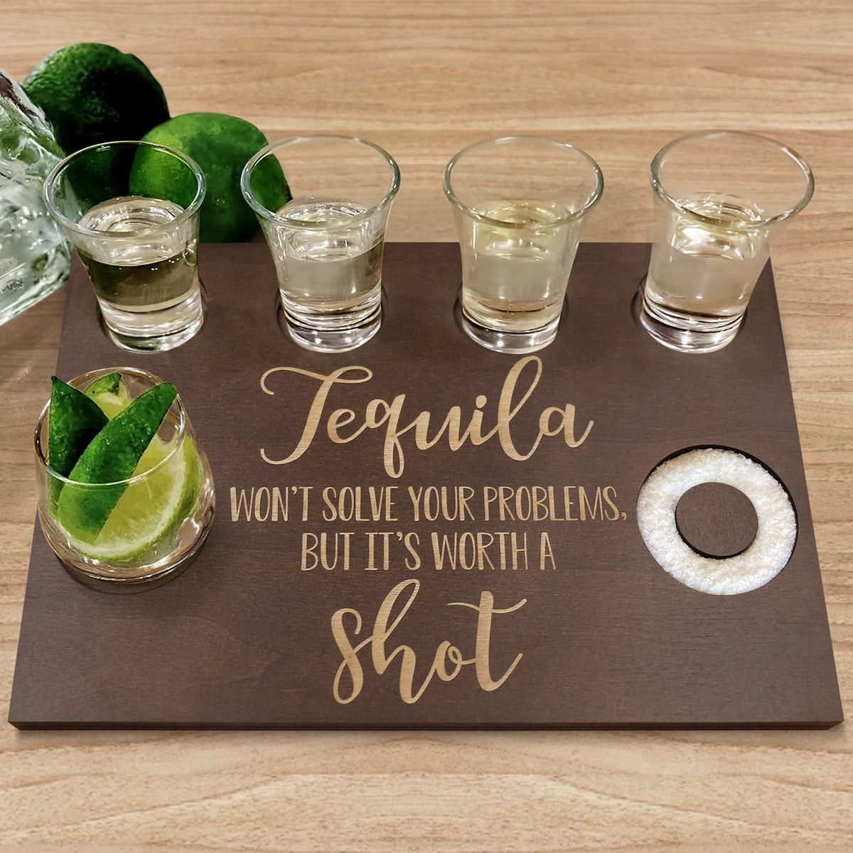 Huray Rayho tequila shot board gift-ready tray ideal for birthdays and weddings.