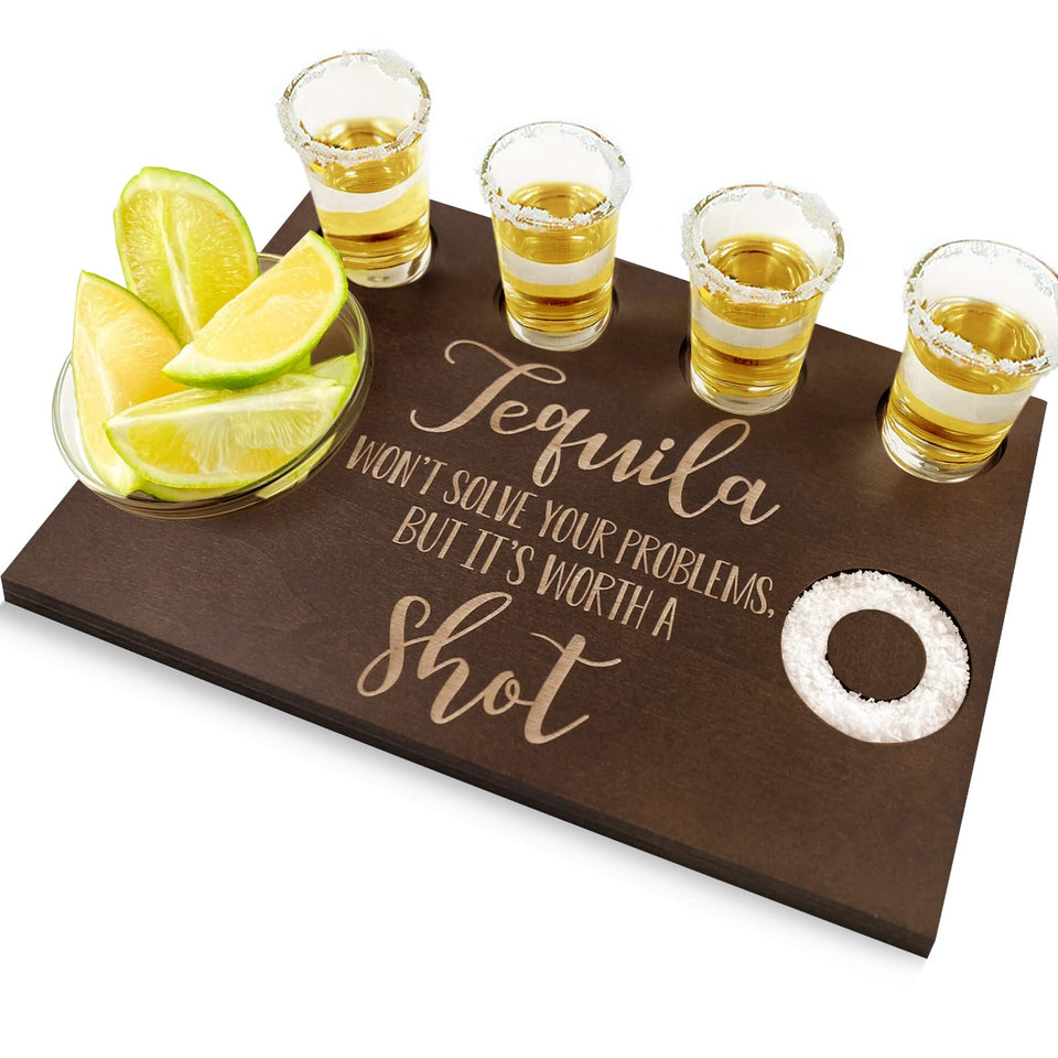Huray Rayho tequila shot board with rustic wood finish for stylish entertaining.