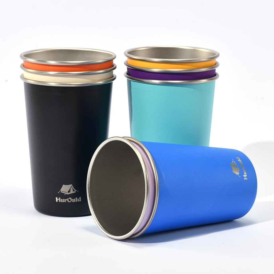 HurOutd 8-pack colorful stainless steel cups for camping and picnics, 16oz each.