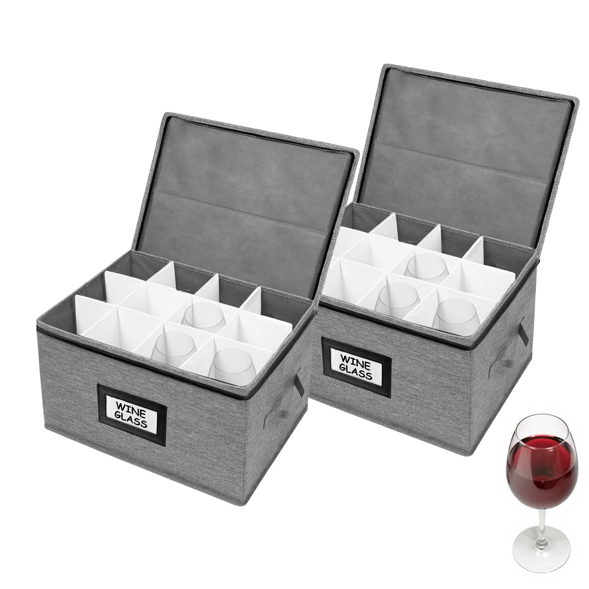 Hurzmoro wine glass storage box holds 12 glasses with protective dividers for safe stacking.