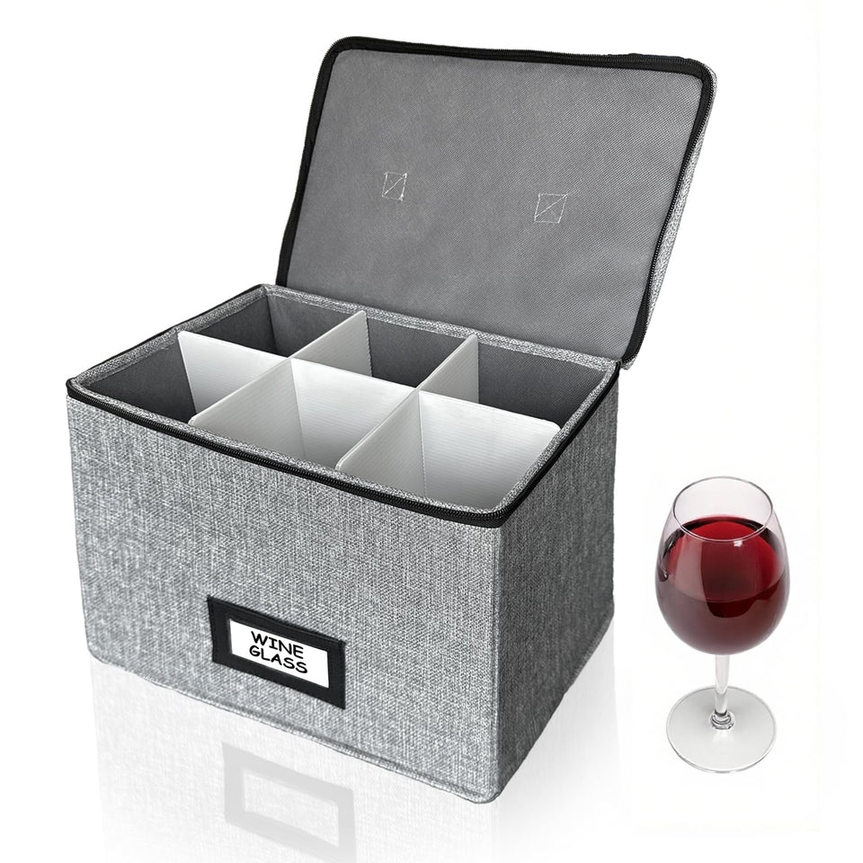 HURZMORO wine glass storage box with dividers protects six stemware glasses.