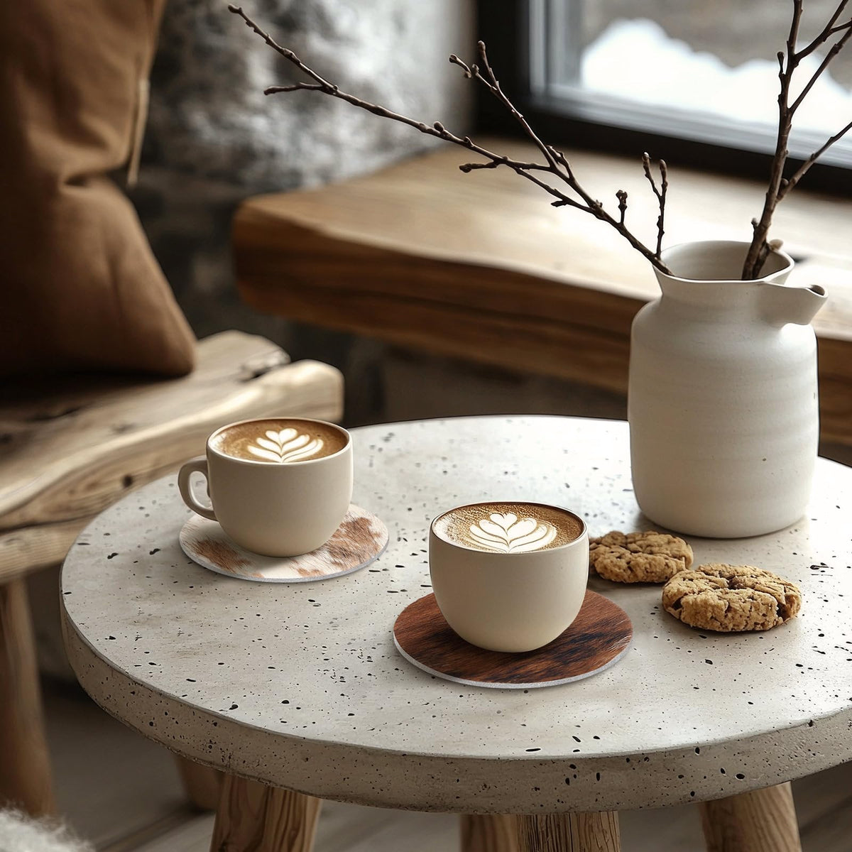 Hushee 12-pack cowhide coaster set ready for entertaining guests.