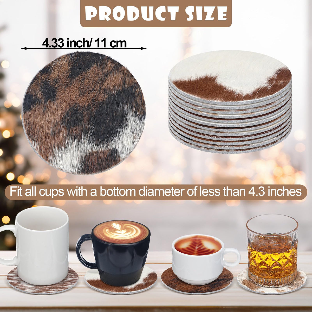 Hushee cowhide coaster textured rustic finish enhances table decor.