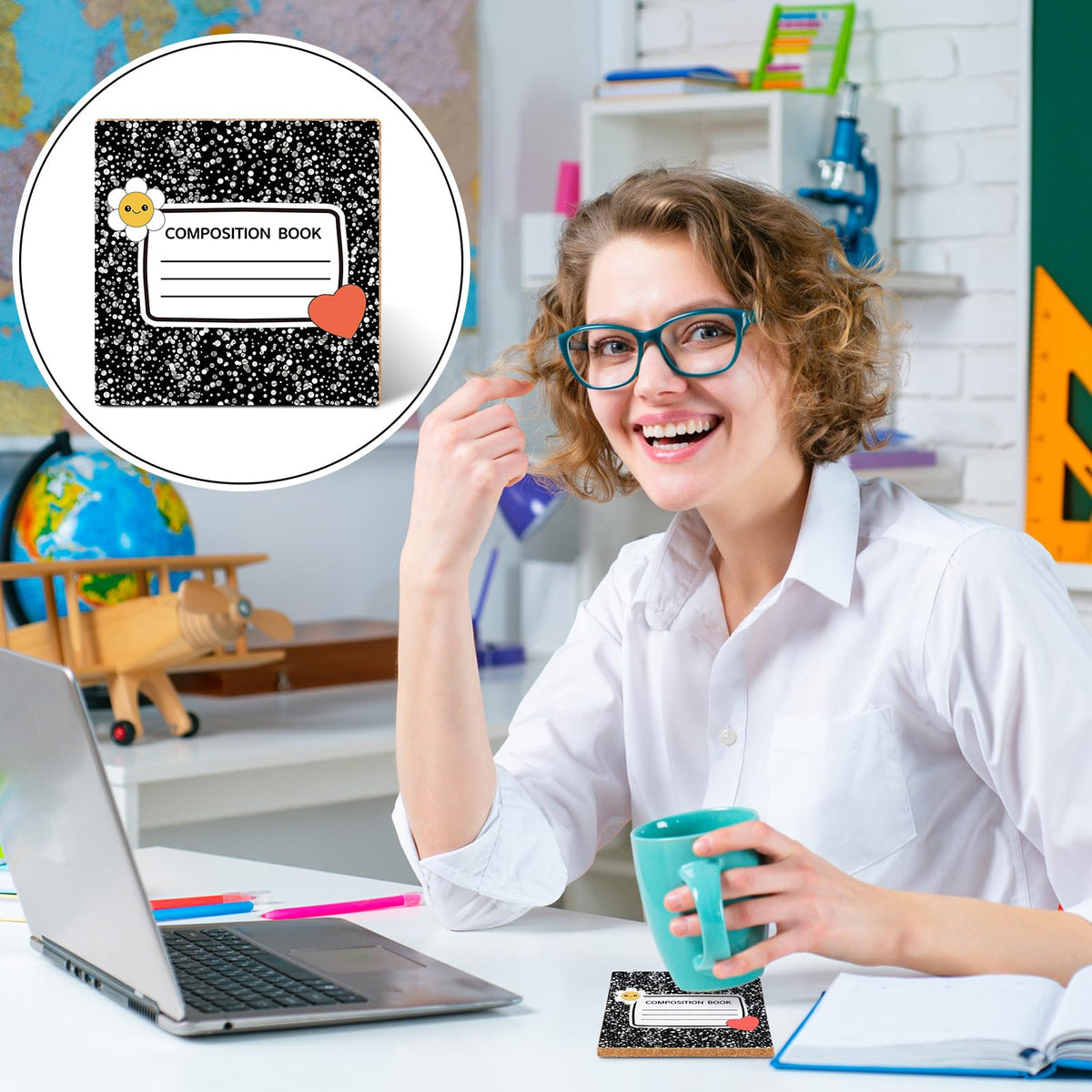 Hushee composition notebook coasters with absorbent MDF core to protect desks