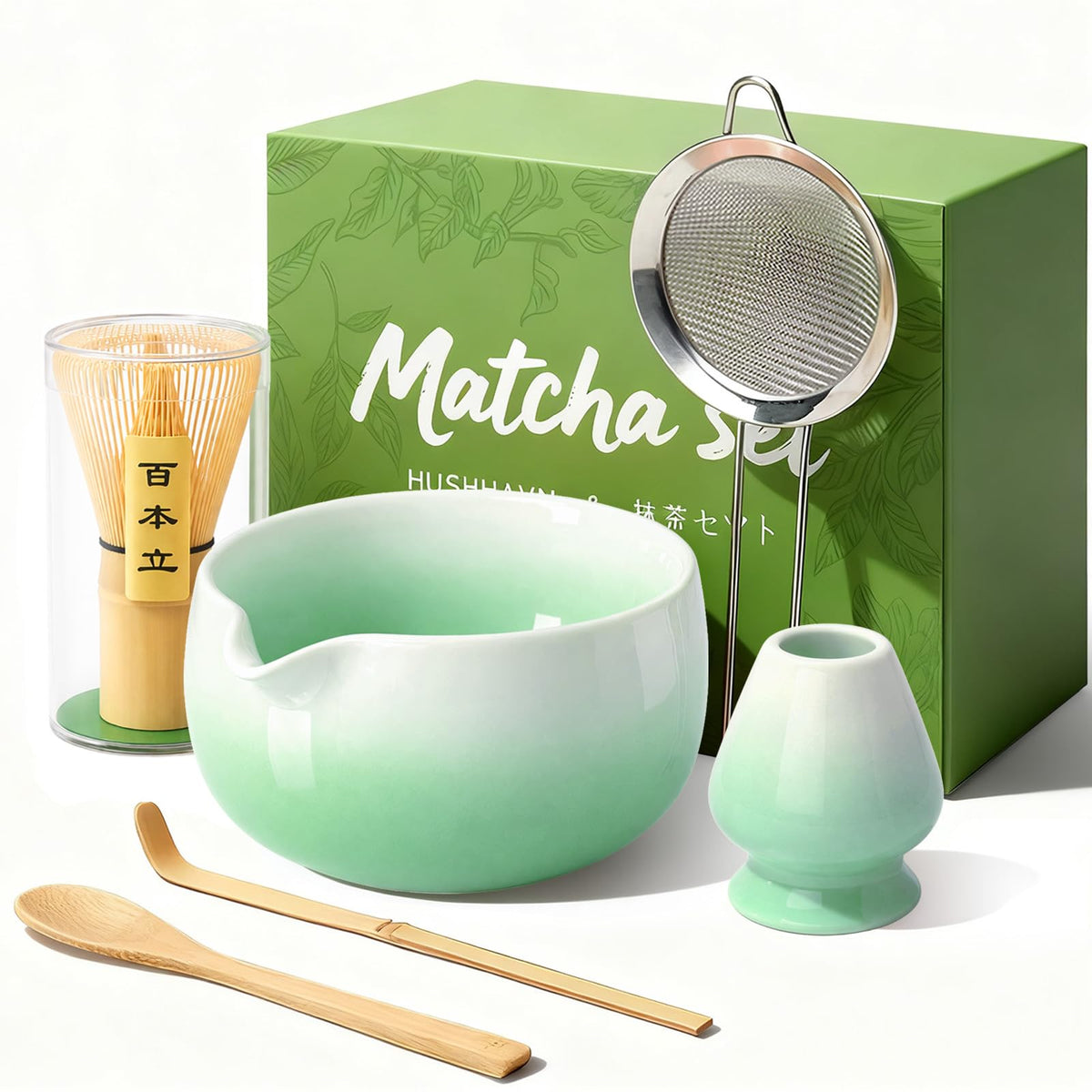 HUSHHAVN matcha whisk set with bowl and holder for smooth, frothy matcha.