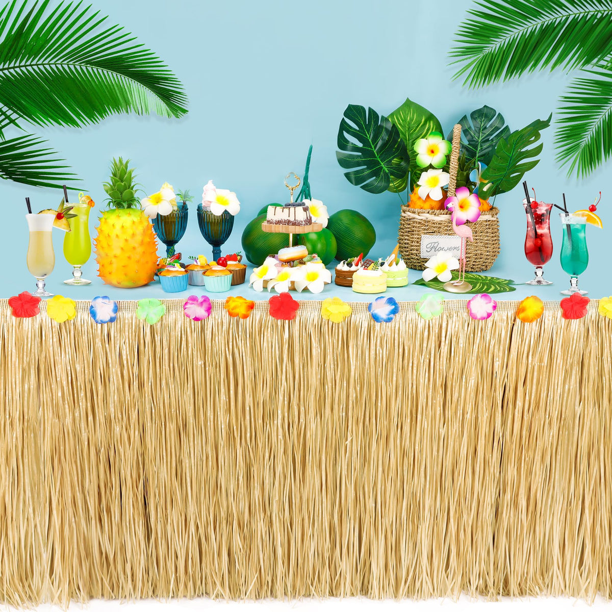 Huskein Luau gold table skirt complements tropical decor