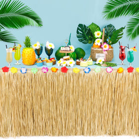 Huskein Luau gold table skirt complements tropical decor
