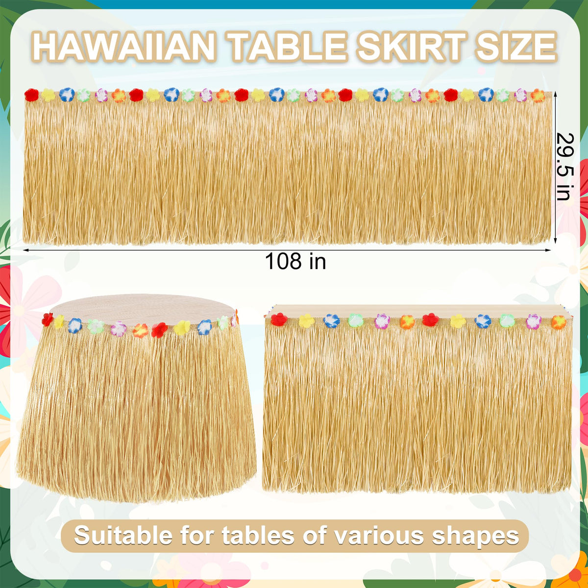 Huskein Luau gold table skirt on table creates a tropical vibe