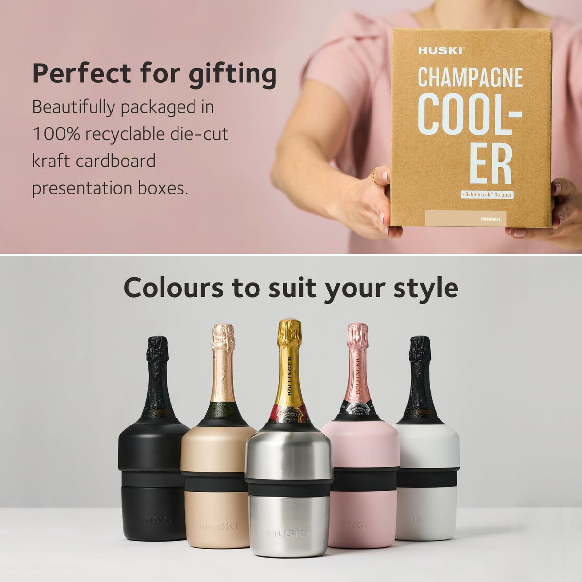 Huski Champagne Chiller adjustable height fits multiple bottle sizes.