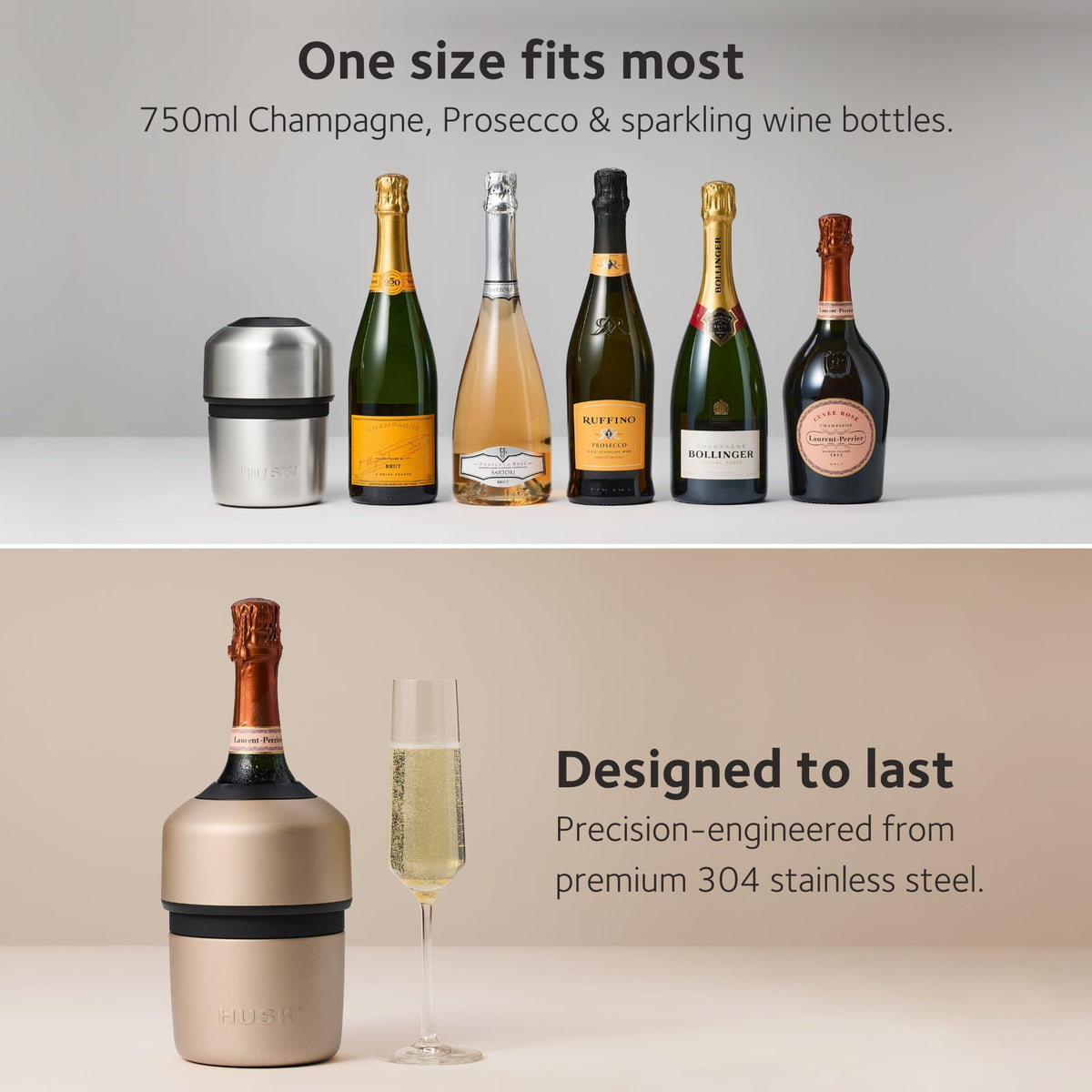 Huski Champagne Chiller copper-plated interior enhances thermal efficiency and consistency.