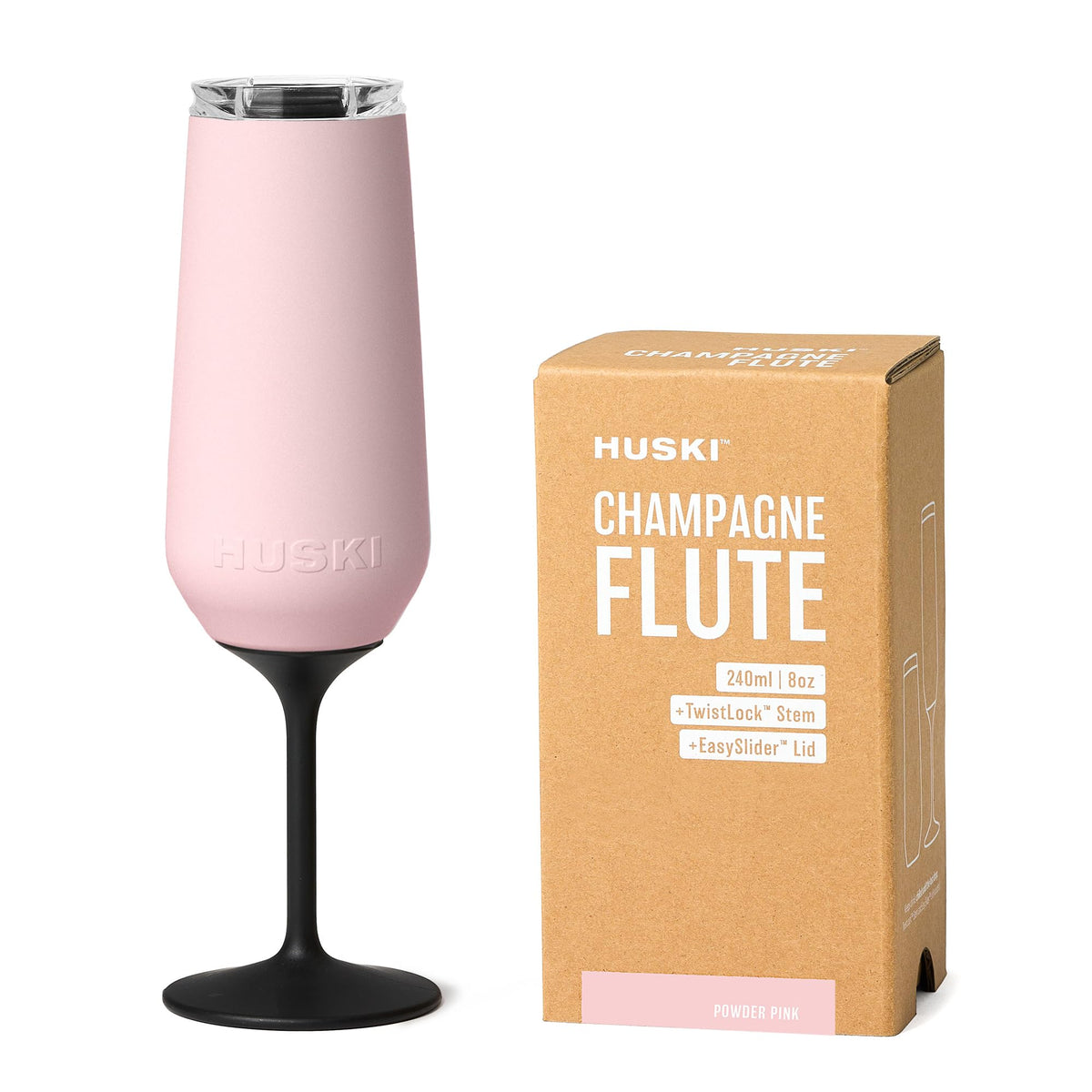Huski Champagne Flute Powder Pink shows 8oz capacity for chilled servings.