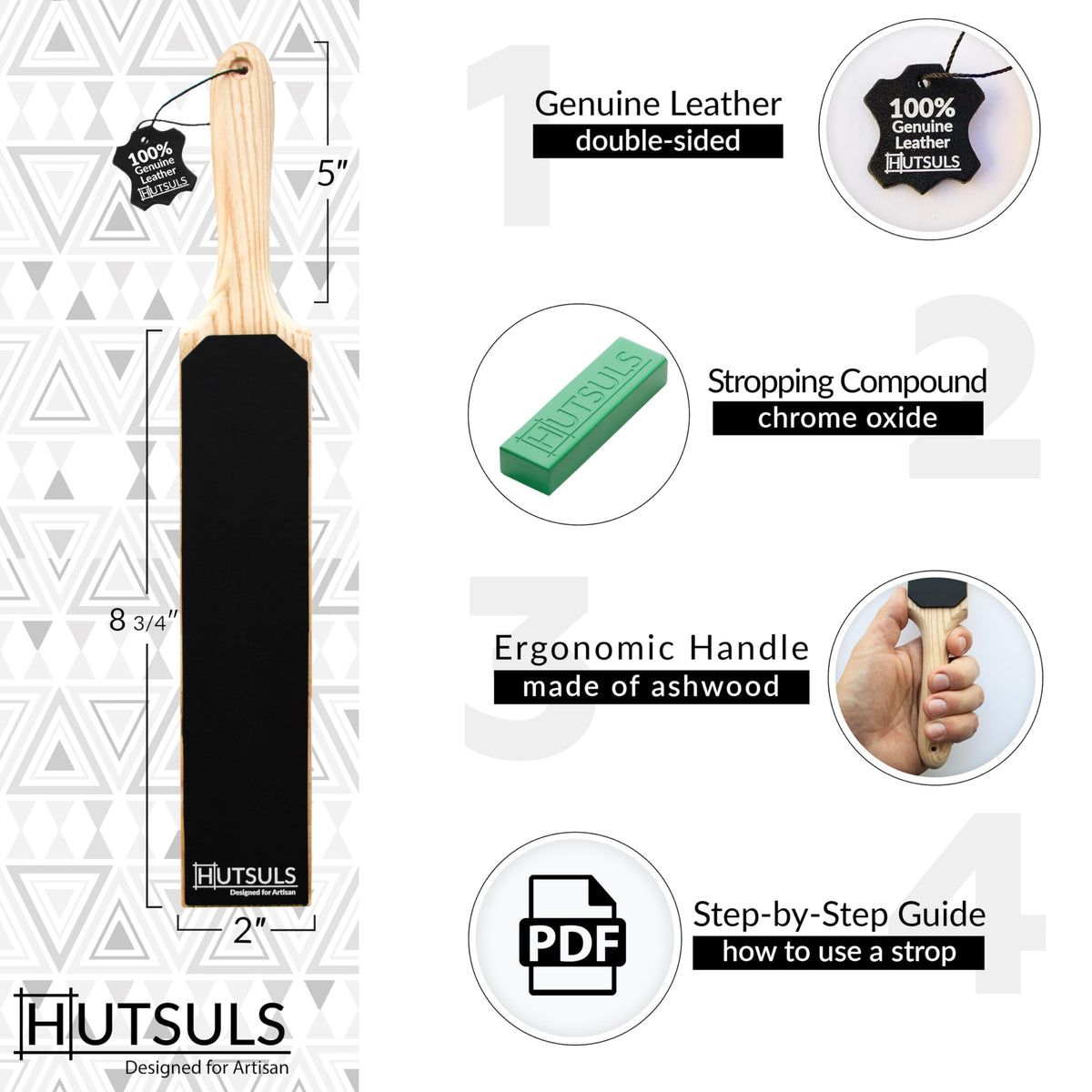 Hutsuls double-sided strop paddle bottom surface with grittier honing for tougher blades.