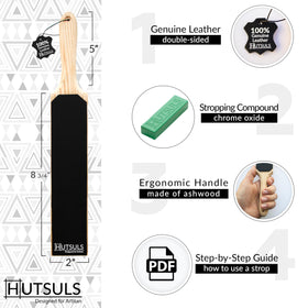 Hutsuls double-sided strop paddle bottom surface with grittier honing for tougher blades.